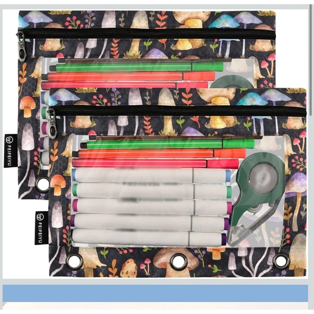 3 Ring Binder Pencil Pouch Mushrooms Pencil Case with Zipper